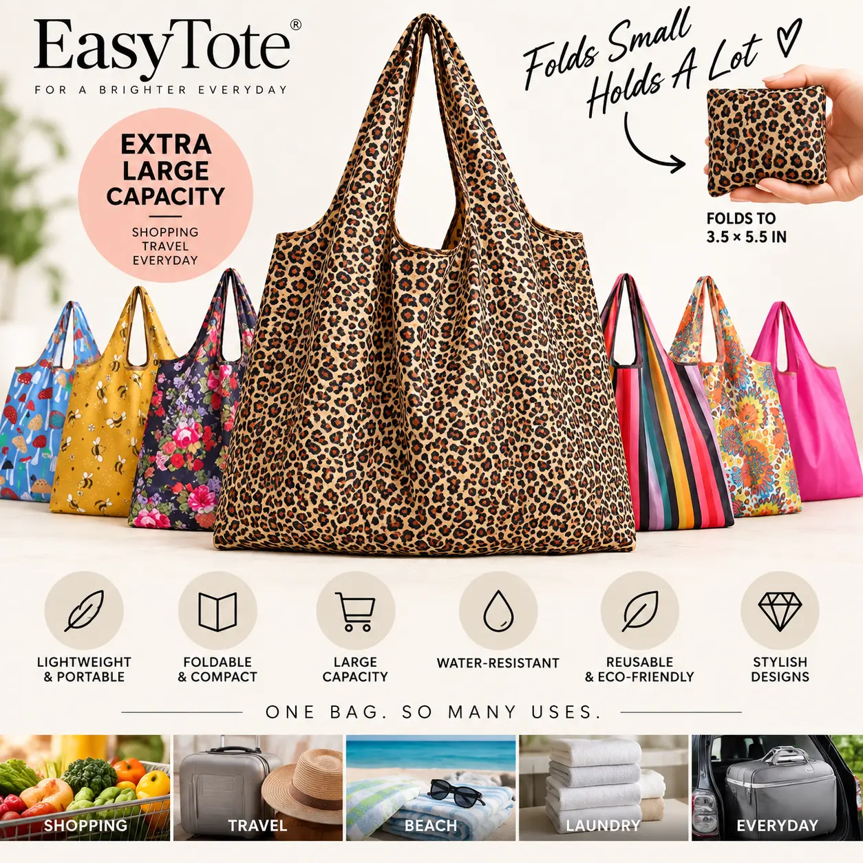 Extra Large Foldable Tote Bag, Lightweight Reusable Shopping Bag, Folds Small & Holds A Lot, Cute Travel Grocery Beach Bag