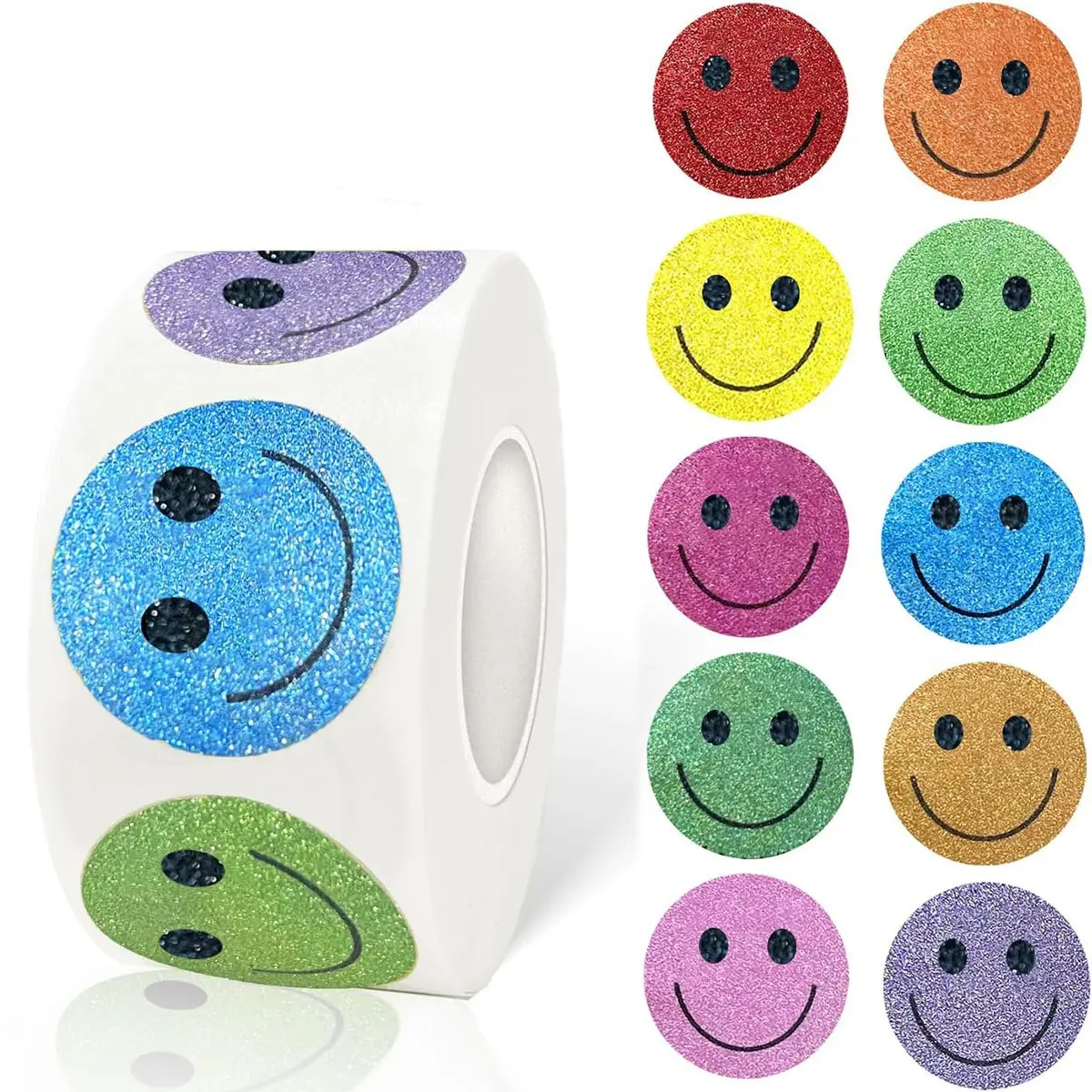 500 Roll Shiny Foil Stickers, Emoji Stickers, Assorted Stickers, Mixed Colors, 2.49cm Diameter, Waterproof Paper Labels, Ideal for Classroom Supplies & Party Gifts
