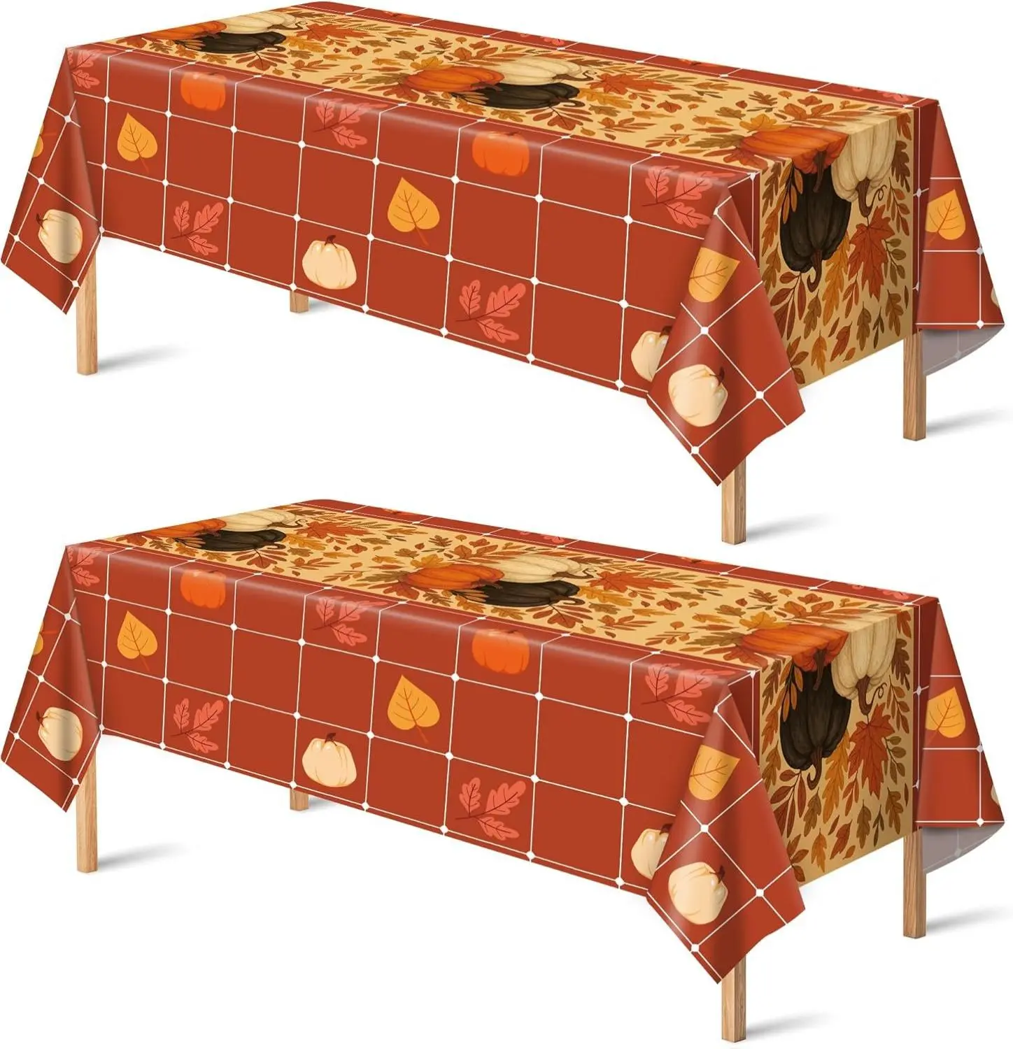 Pumpkin Tablecloths, 2-Pack PE Plastic Disposable Rectangle Table Covers (52"x87" Standard Size) - Wall or Table Use, Roll-Up Discard, Resists Daily Party Wear for Indoor Thanksgiving Party Decor