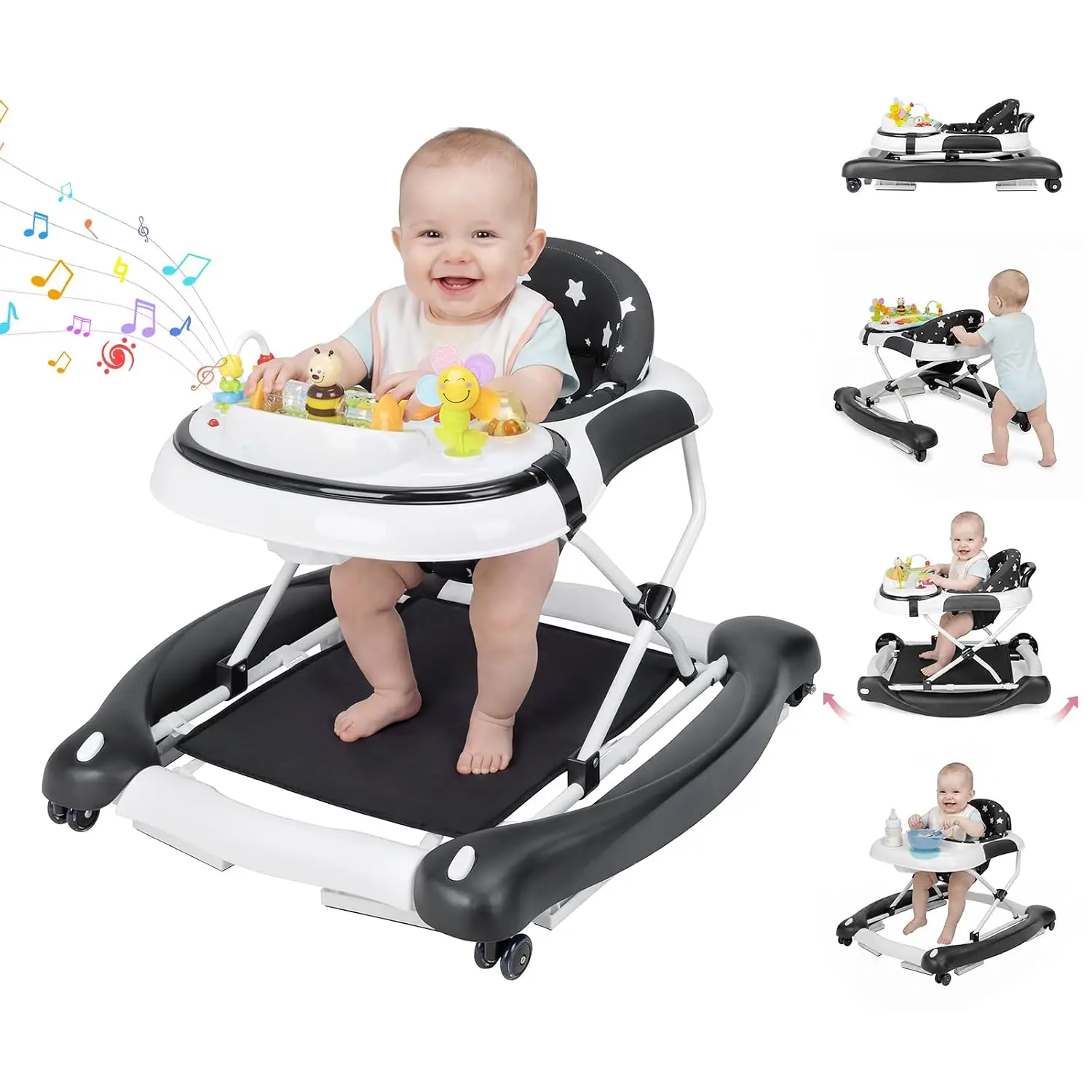 5 in 1 Baby Walker, Music and Lights Walker for Baby Boy Girls 6-12 Months, Foldable Baby Walkers with Wheels and Bouncer Combo Portable, Toddler Infant Walker with Adjustable Height