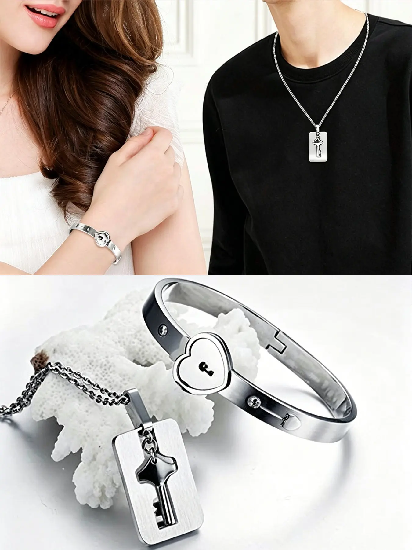 Matching Couple Heart Lock Bracelet & Key Necklace, Crafted from durable stainless steel, this set represents forever love, Perfect for anniversaries, Valentine’s Day, Matching Couple Jewelry, Couples Jewelry Set