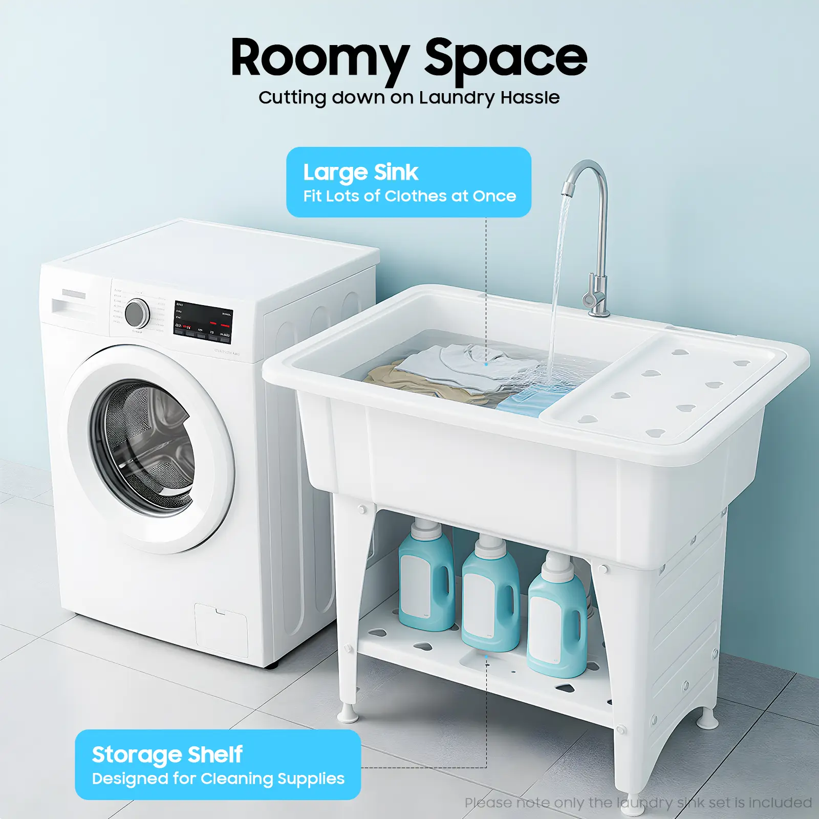 CNCEST Freestanding Washing Sink Laundry Utility Sink with Storage Shelf, 360° Rotatable Faucet, Drainboard - 32 in Large Capacity PP & Stainless Steel Wash Basin for Home, Kitchen