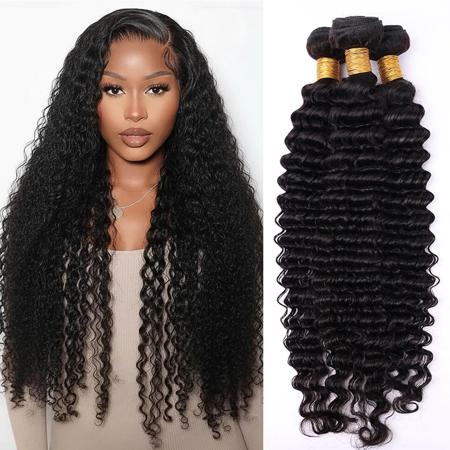 PerisModa Deep Wave Human Hair Bundles, 100% Raw Brazilian Remy Extensions, 12-32 in Weaving, Double Weft Hold, Curly Look, Mixed Lengths, 1/3/4 Bundles Deal, Natural Black Color (TikTok Shop Black Friday)