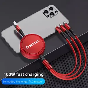100W super fast charging 3-in-1 telescopic data cable For Smart EQ Fortwo Forfour 453 451 452 450 454 Roadster Forjeremy Forspeed Forstar Crossblade