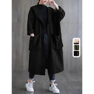 Women’s trench coat with dual pockets and front buttons, solid color long sleeves, loose fit with hood for spring and fall; black women’s outerwear top/jacket