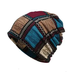 Vintage Printed Beanie - Color Block Slouchy Skull Cap for Men & Women, Stretch Material, Windproof, Boho Style, All Seasons Headwear