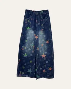 Women's Vintage Star Print High-Waisted Baggy Denim Patterned 5-Pocket Cotton Jeans - Casual Lady Clothes Bottoms