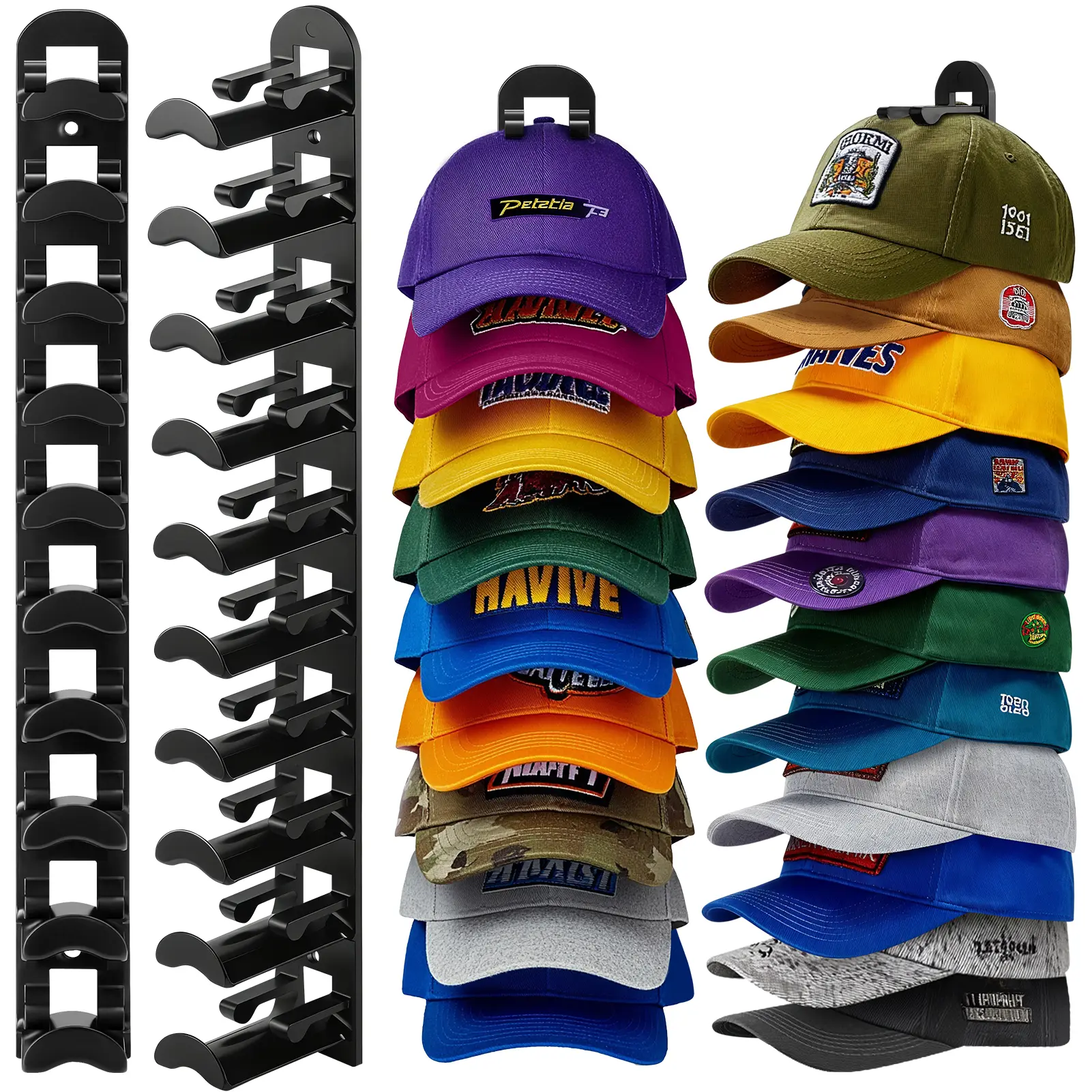2 Pack Hat Organizer Wall Mounted Baseball Cap Hold up to 20 Hats Black or White Hat Rack for Wall with Strong Adhesive and Wall Drilled for Door Bedroom Closet Easy Access Display Hat Hanger Holder Multilayer Two Mounting Option Hat hook on wall