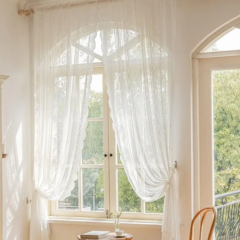 2pcs Embroidered Lace Sheer Curtains, Vintage Textured Fabric, Soft Touch, Fits Arched Windows, Bedroom Drapes, French Style, Room Decor Curtain