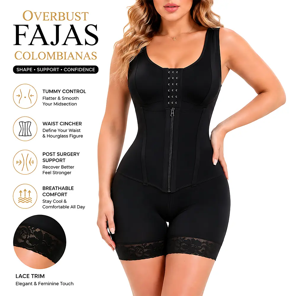 Overbust Fajas Colombianas Shapewear for Women Tummy Control Body Shaper Girdles Post Surgery Compression Garment corset with Lace Trim corset tops for women bodysuits for women faja shapewear Womenswear Basic