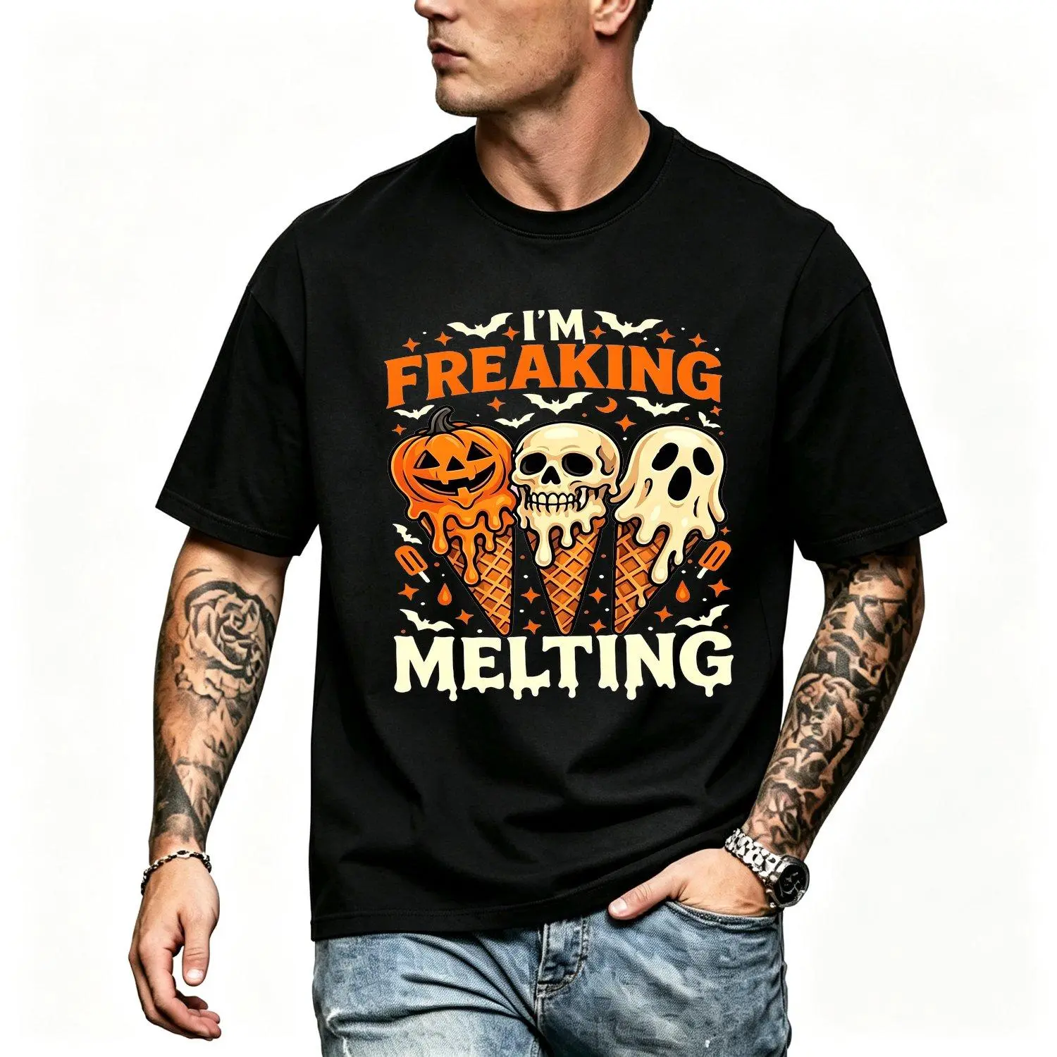 Unisex Short-Sleeve Round Neck Halloween Theme Sporty Chic Graphic T-Shirt, Quick-Drying Menswear, Funny "I'm Melting" Ice Cream Aesthetic Sports Casual Top