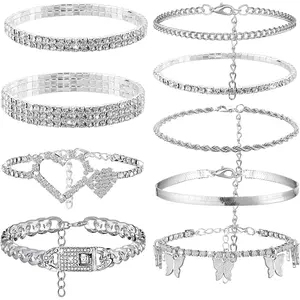 9 count Chunky Ankle Bracelets for Women Rhinestone Butterfly Heart Link Charm Anklets Set Layered Braided Chain Anklet Foot Chain   for Lady Summer Beach