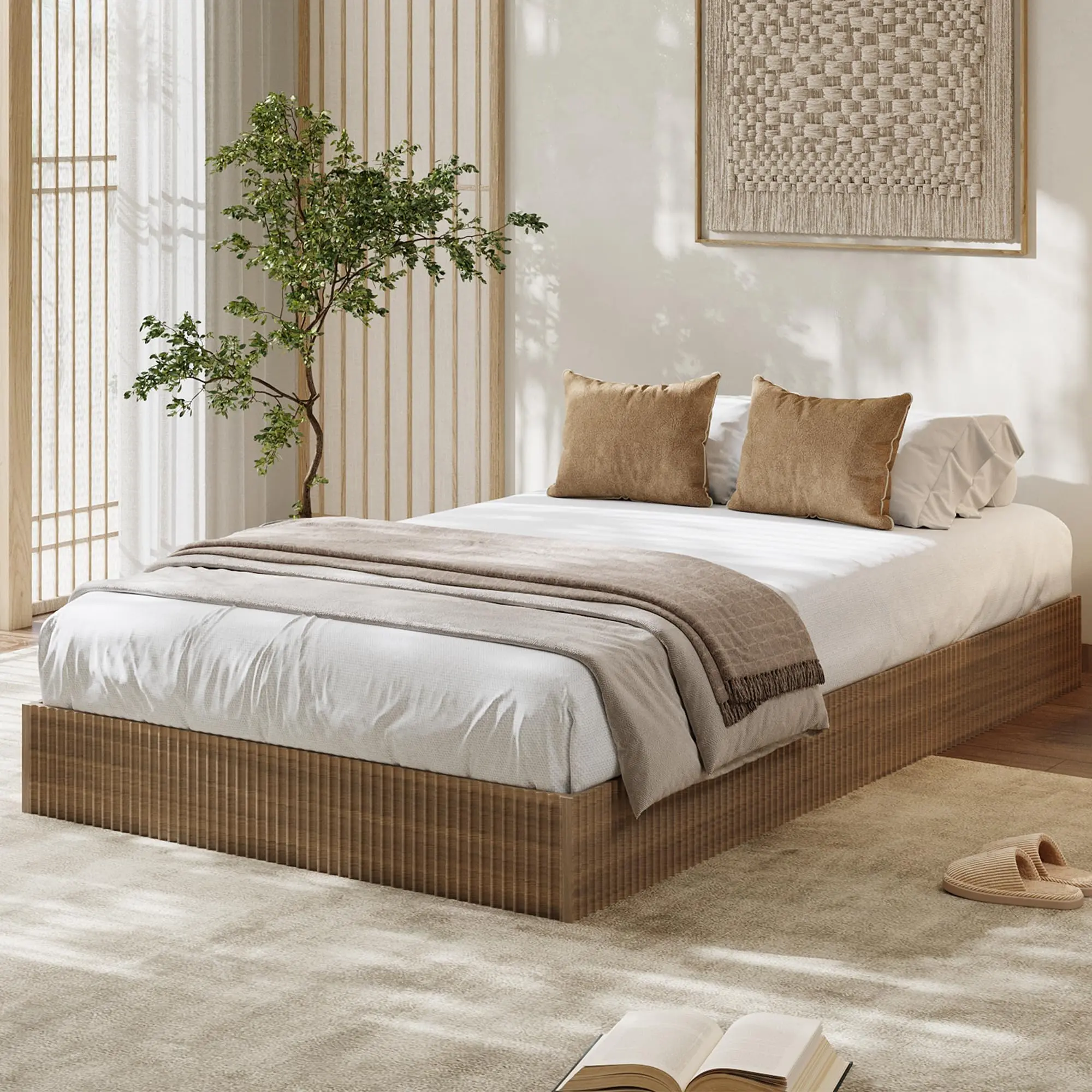 Garvee XL Single Bed Frame, Wooden Slatted Platform with Low Profile Design, Minimalist Noise-Free Bed Base, Easy Assembly, No Box Spring Needed, Walnut Finish