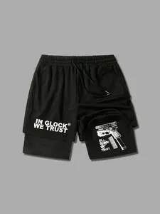 Men's "In Glock We Trust" 2-in-1 Shorts - Pistol Print Black Layered Shorts, Drawstring Waist Loose Fit, Breathable Summer Sportswear for Gym