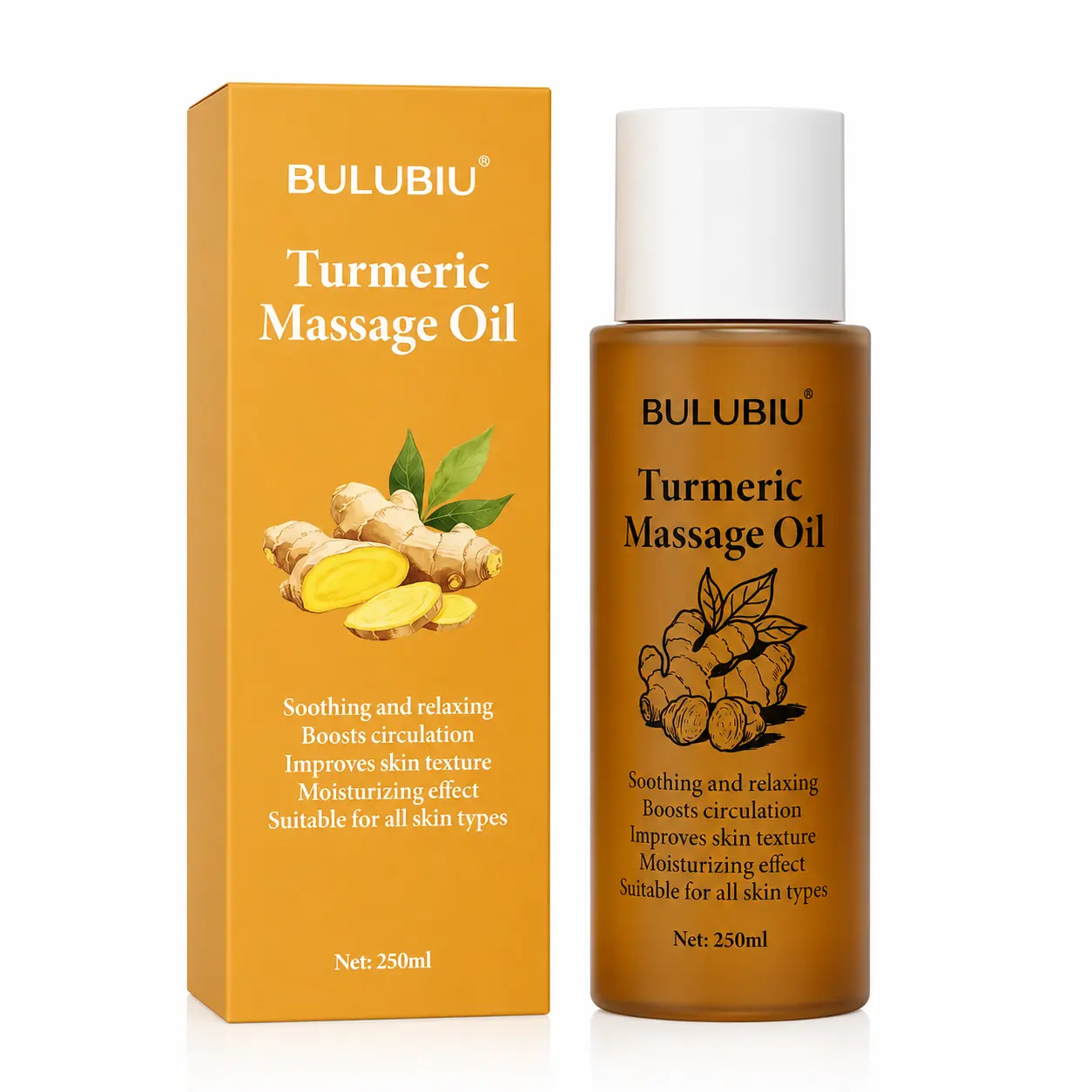 BULUBIU Turmeric Body & Massage Oil 250ml - Calming, Relaxing, Circulation-Boosting, Skin Texture-Improving, Moisturizing for All Skin Types, Ideal for Body Care Routine, Moisturizer, Hydrating, Soothing, All Skins