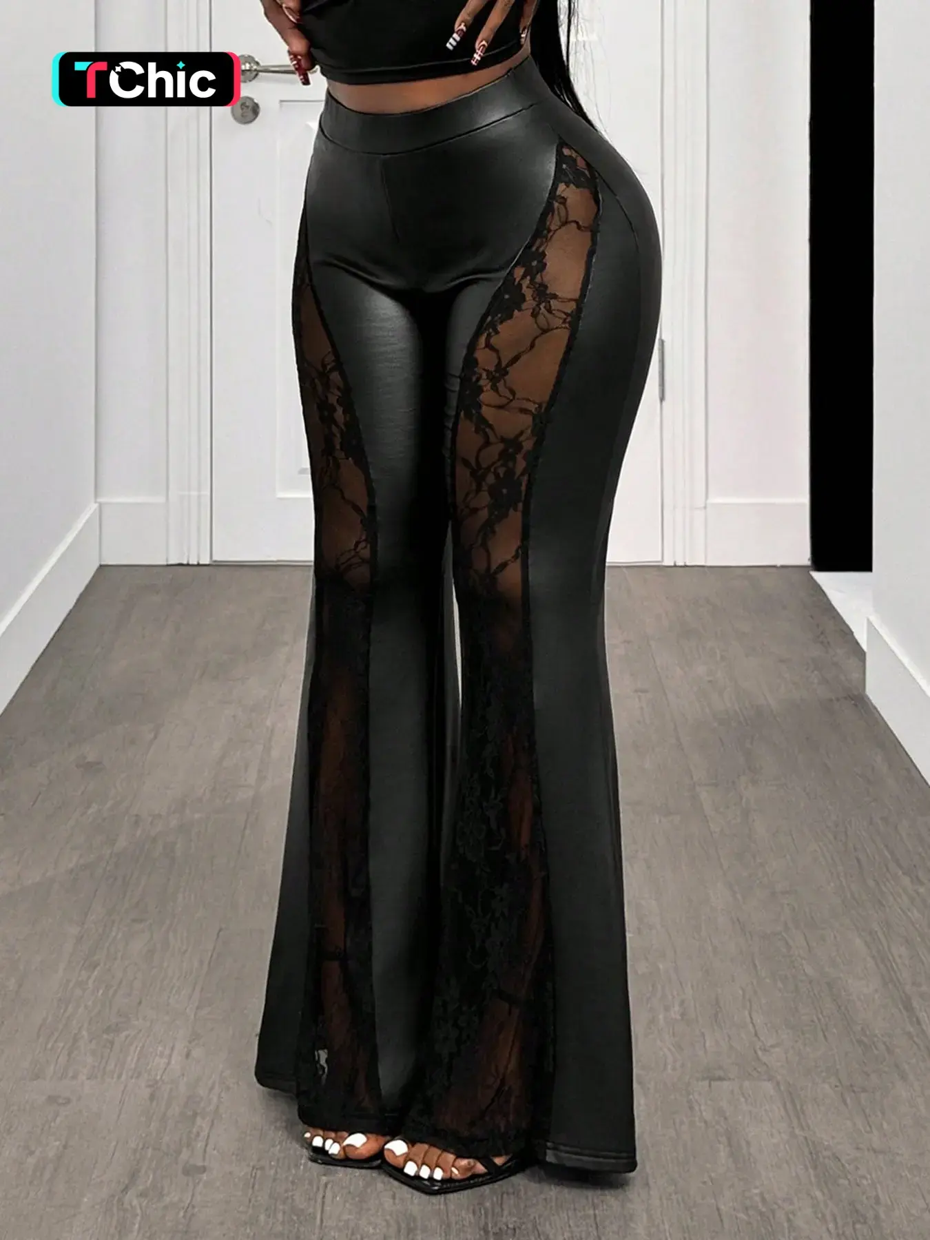 1 Asymmetric High Waisted Lace Sheer Panel Leather Flare Pants Chic Casual Trousers Women | Stretchy Bodycon Bell Bottom Pants | Nightclub Party Baddie Wear | Gothic Y2K Streetwear