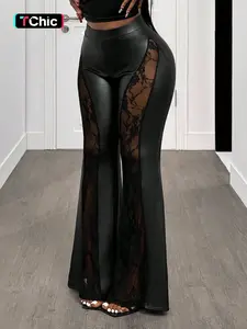 1 High Waist Lace Sheer Panel Leather Flare Pants Chic Casual Trousers Women | Stretchy Bodycon Bell Bottom Pants | Nightclub Party Baddie Wear | Gothic Y2K Streetwear