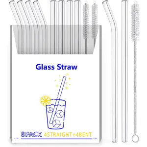 8-Pack  Glass Straw,Size 8.5''x10 MM,Including 4 Straight and 4 Bent with 2 Cleaning Brush-  For Smoothies, , Juice