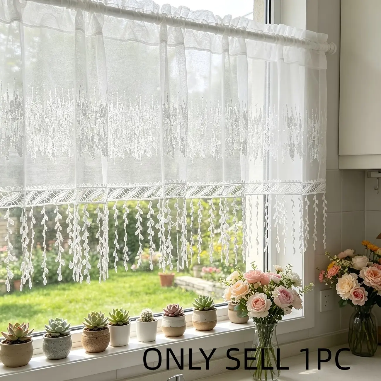 1pc Luxury Beaded Sequin Sheer Drapes, Rod Top Half Curtain for Kitchen, Dining Room, Cafe, Privacy Windows, Easy Care