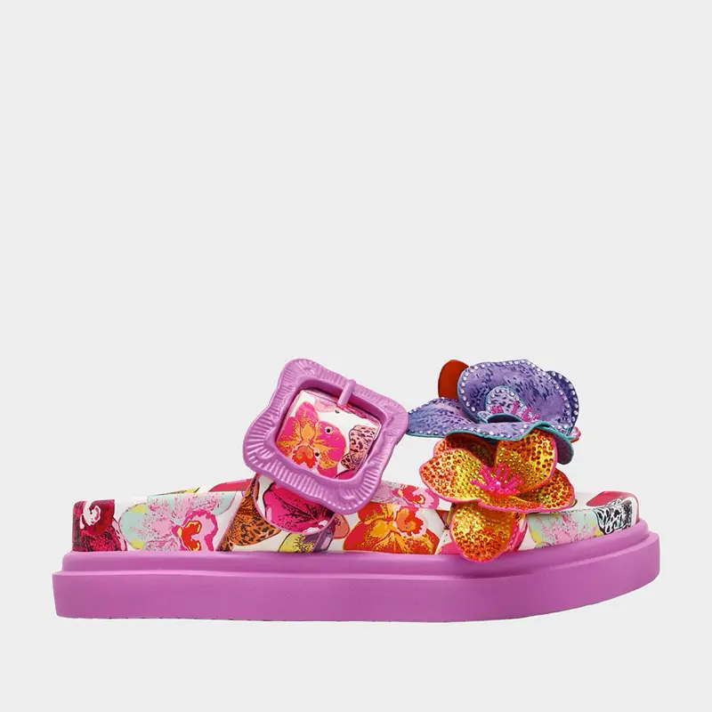 Betsey Johnson Lorayne Sandal in White Multi with Colorful Floral Accents and Pink Sole