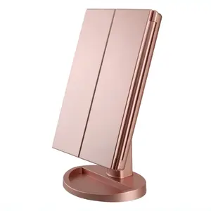 [New Deal] Dresser Mount Tri-Fold Lighted Vanity Mirror with 21 LED Lights, Touch Screen and 3X/2X/1X Magnification, Two Power Supply Modes Make Up Mirror Decor