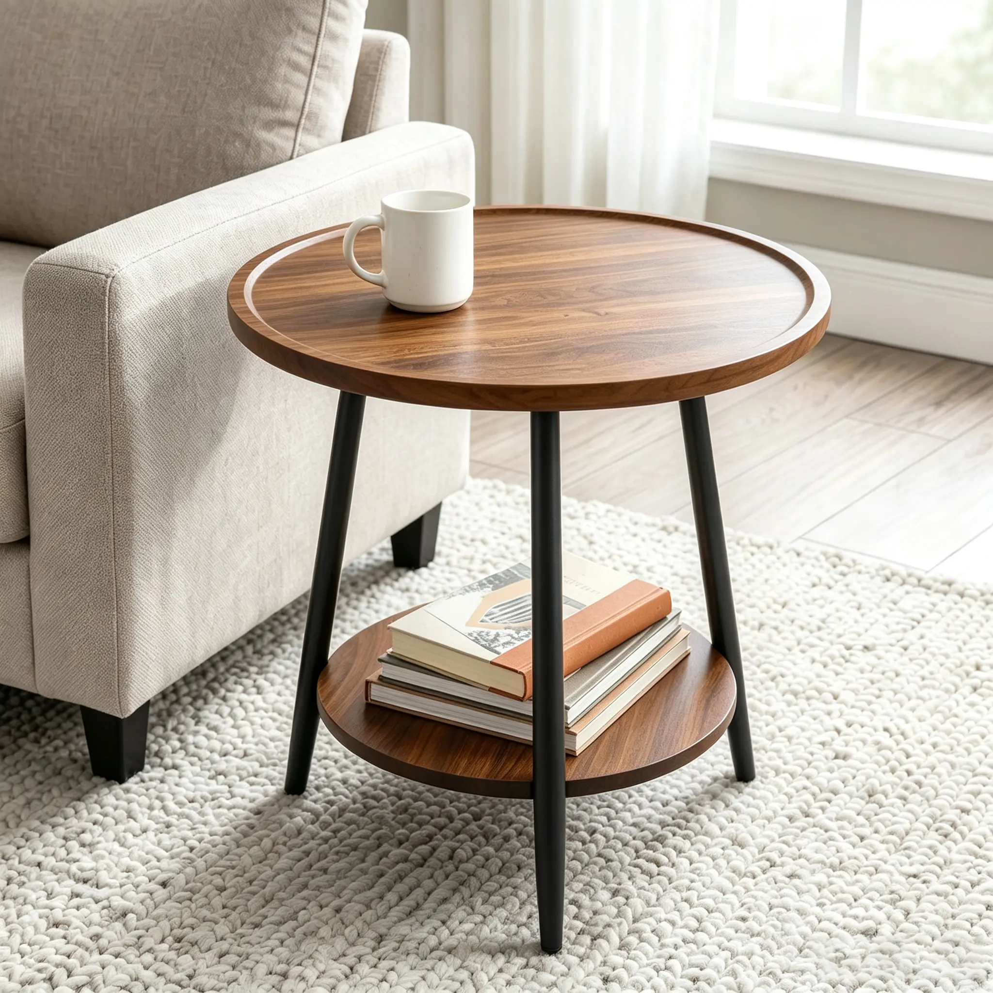 Modern 2-Tier Round Side Table - Metal Frame, Walnut Engineered Wood Accent, Versatile Nightstand & Bedside Table for Living Room, Bedroom