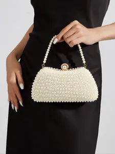 Elegant Embroidered Evening Clutch Bag, Faux Pearl Handbag for Women, Party Prom Dress Accessory, Perfect for Weddings & Events