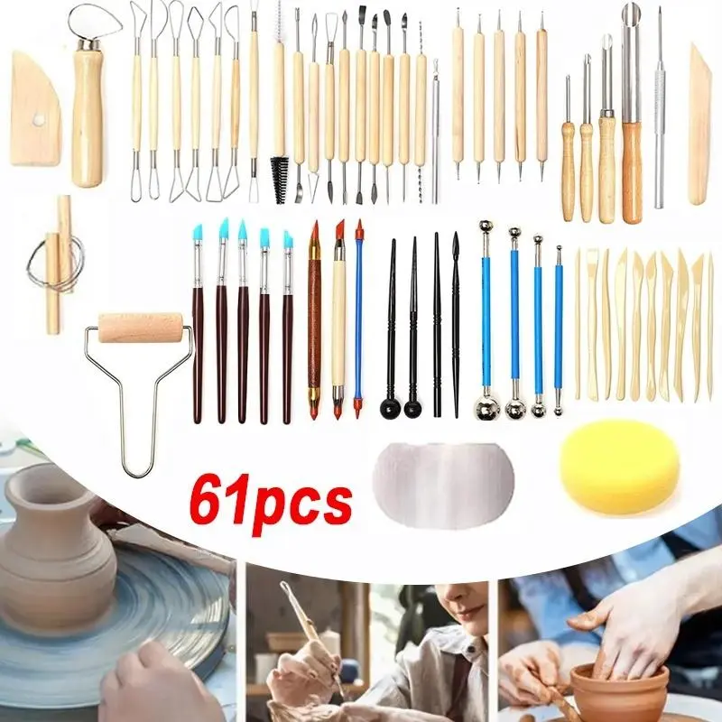 [61 Piece Ceramic Sculpture Tools] 1 Set Ceramic Tools 61 Piece Set Stone Plastic Clay Tools Ceramic Sculpture Knife Silicone Indentation Pen DIY Hand Tool