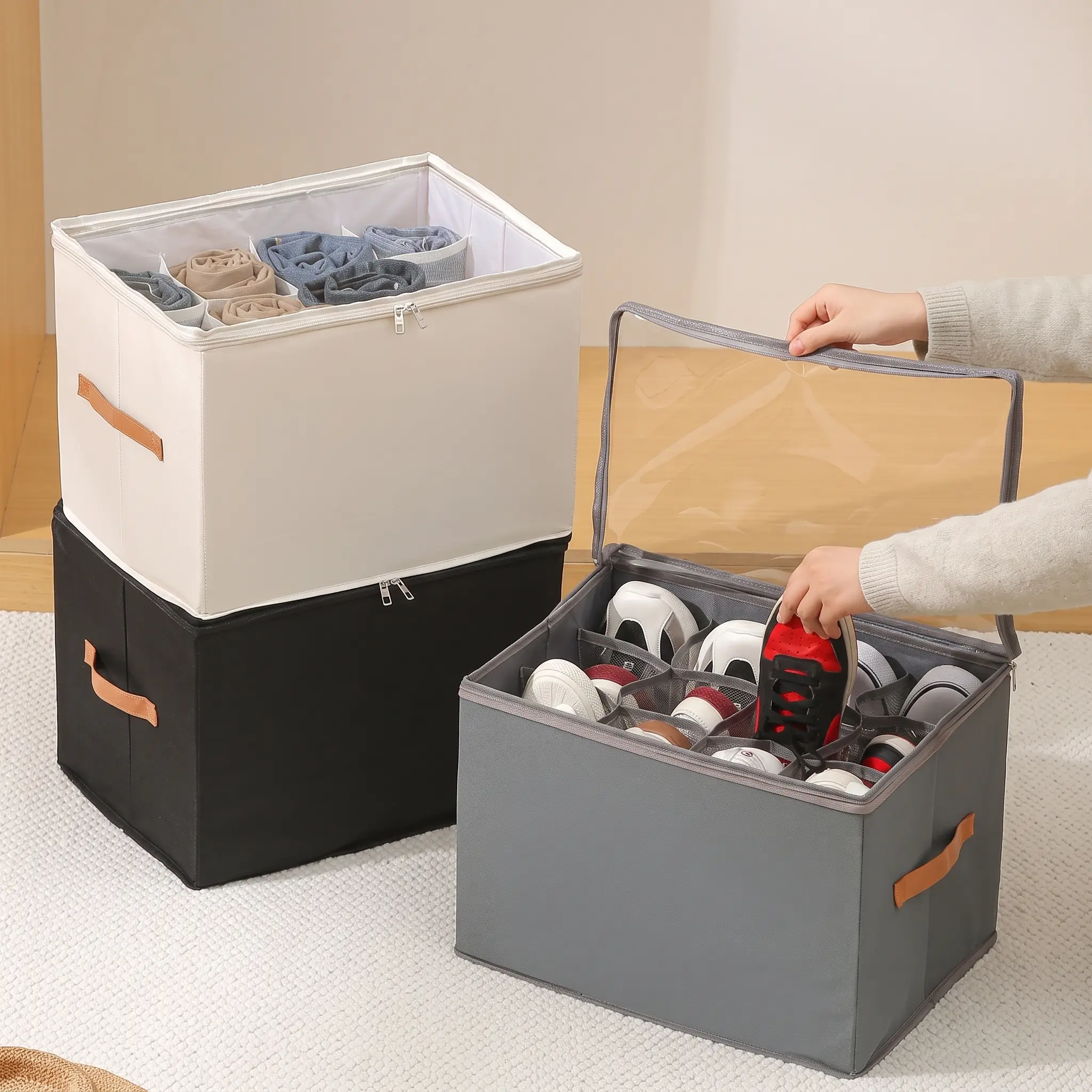Shoe Organizer for Closet, Foldable Shoe Storage with Adjustable Dividers | Fabric Shoe Storage Organizer Box Bin with Adjustable Dividers and Clear Cover, Fits up to 12 Pairs