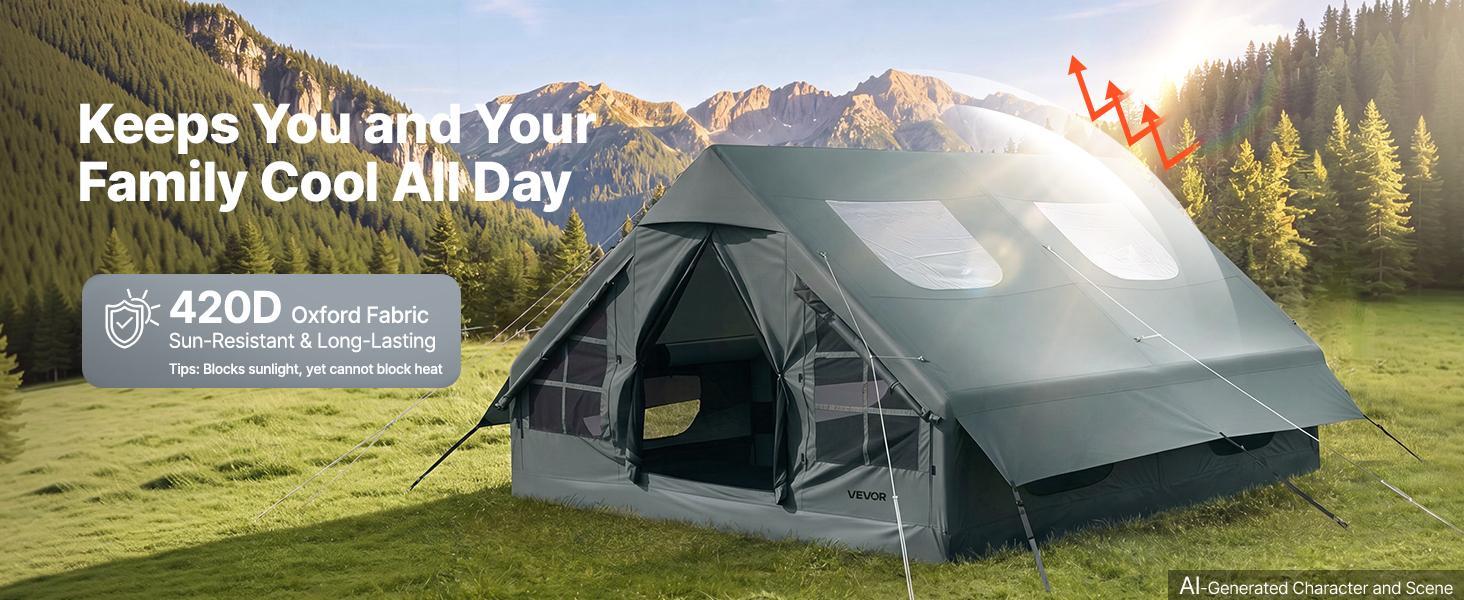 【BackToSchool】VEVOR Inflatable Tent for Camping 5-8 Person Blow Up Tent with Hand Pump, for Family Outdoor Glamping, Waterproof 420D Oxford, Easy Setup Air House with Skylight, Stove Jack, Mesh Windows & Carry Bag