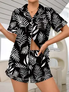 Women's Palm Tree Print Floral Short Sleeve Pajama, Casual Comfy PJ Set for Women, Women's Sleepwear for Summer, Loungewear, Womenswear