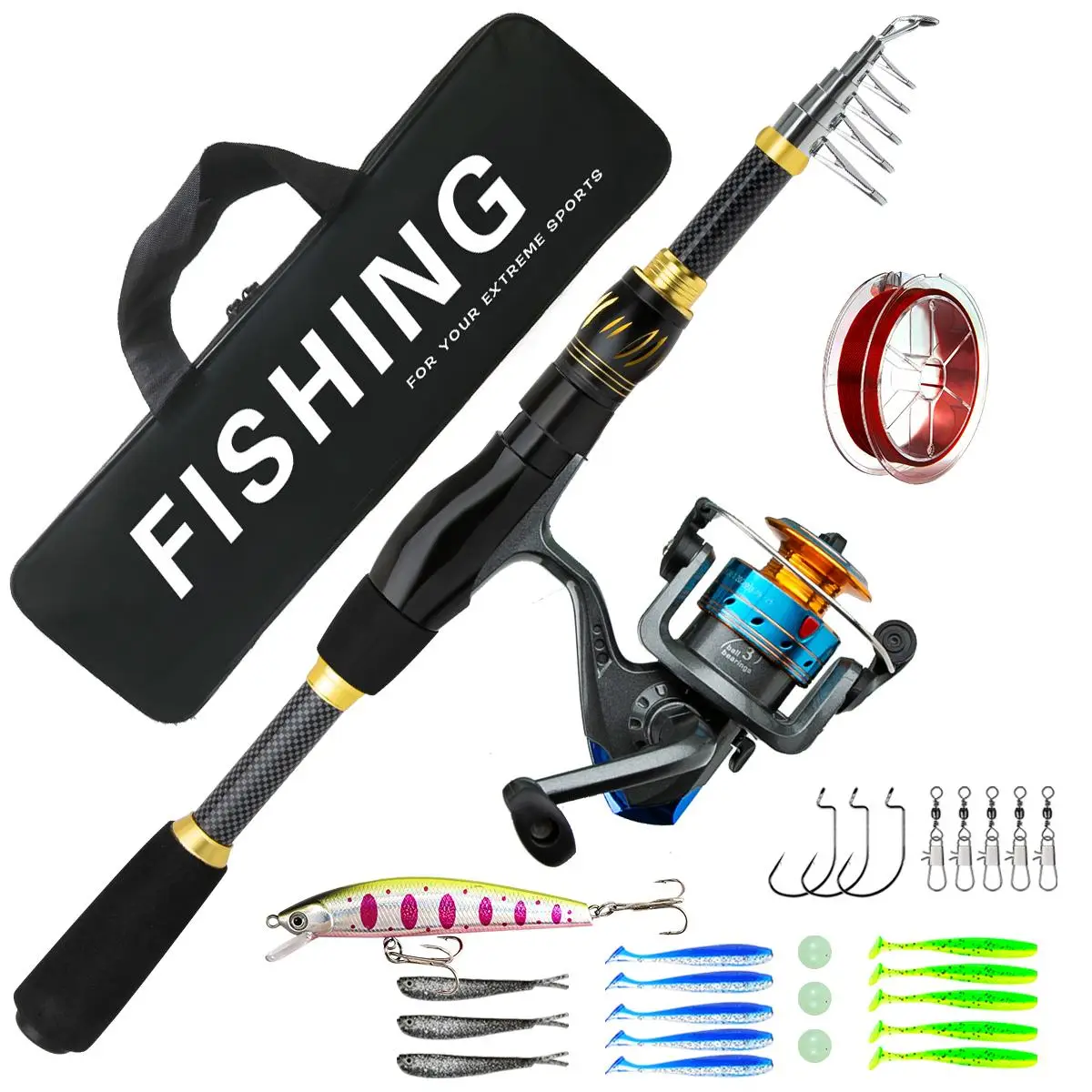 Fishing Rod Set, 1 Set Fishing Rods with Rod & Reel & Lure Accessories & Portable Rod Bag, Outdoor Fishing Accessories