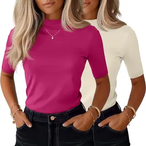 2 Pack Women's Mock Turtleneck T Shirts, Half Sleeve Business Casual Tunic Tops Slim Fit Summer Basic Dressy Tee Shirt