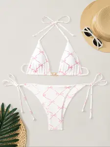 Two-Piece Set Women's All Over Bow Print Bikini Set, Casual Halter Neck Tie Back Triangle Swim Bra & Tie Side Swim Panty, Two-piece Swimsuit for Beach Holiday Vacation, Triangle Bikini Sets, Bikinis Set