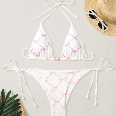Two-Piece Set Women's All Over Bow Printed Bikini Swimwear Set, Casual Halter Neck Tie Back Triangle Swim Bra & Tie Side Swim Panty, Two-piece Swimsuit for Beach Holiday Vacation, Triangle Bikini Sets, Bikini Beach Wear