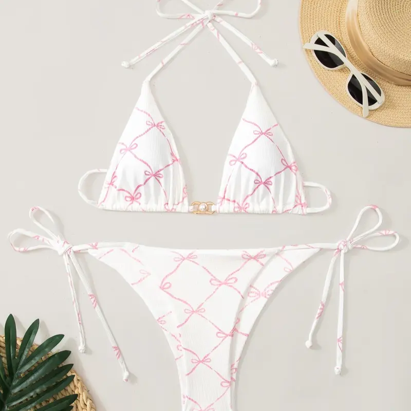 Two-Piece Set Women's All Over Bow Printed Bikini Swimwear Set, Casual Halter Neck Tie Back Triangle Swim Bra & Tie Side Swim Panty, Two-piece Swimsuit for Beach Holiday Vacation, Triangle Bikini Sets, Bikini Beach Wear