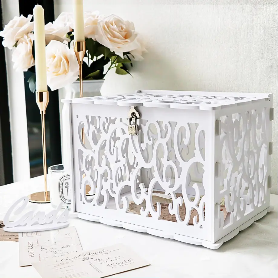 Hollow Wedding Card Box with Lock, White Gift Card Box for Reception