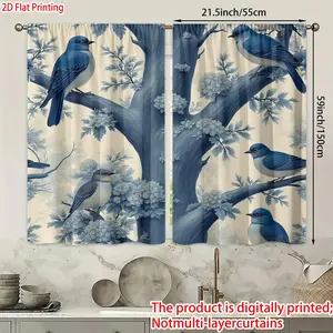 2 pieces, 2D flat printing, polyester materialBlue Birds Perched on TreePatterned print, light-filtering curtains, suitable for decorating bedrooms, living rooms, and other settings; features a rod pocket design for easy rod installation.