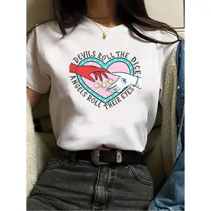 Devils Roll The Dice Angels Roll Their Eyes Fun Letter Pattern Print T-Shirt Short Sleeve Women'S Round Neck Top