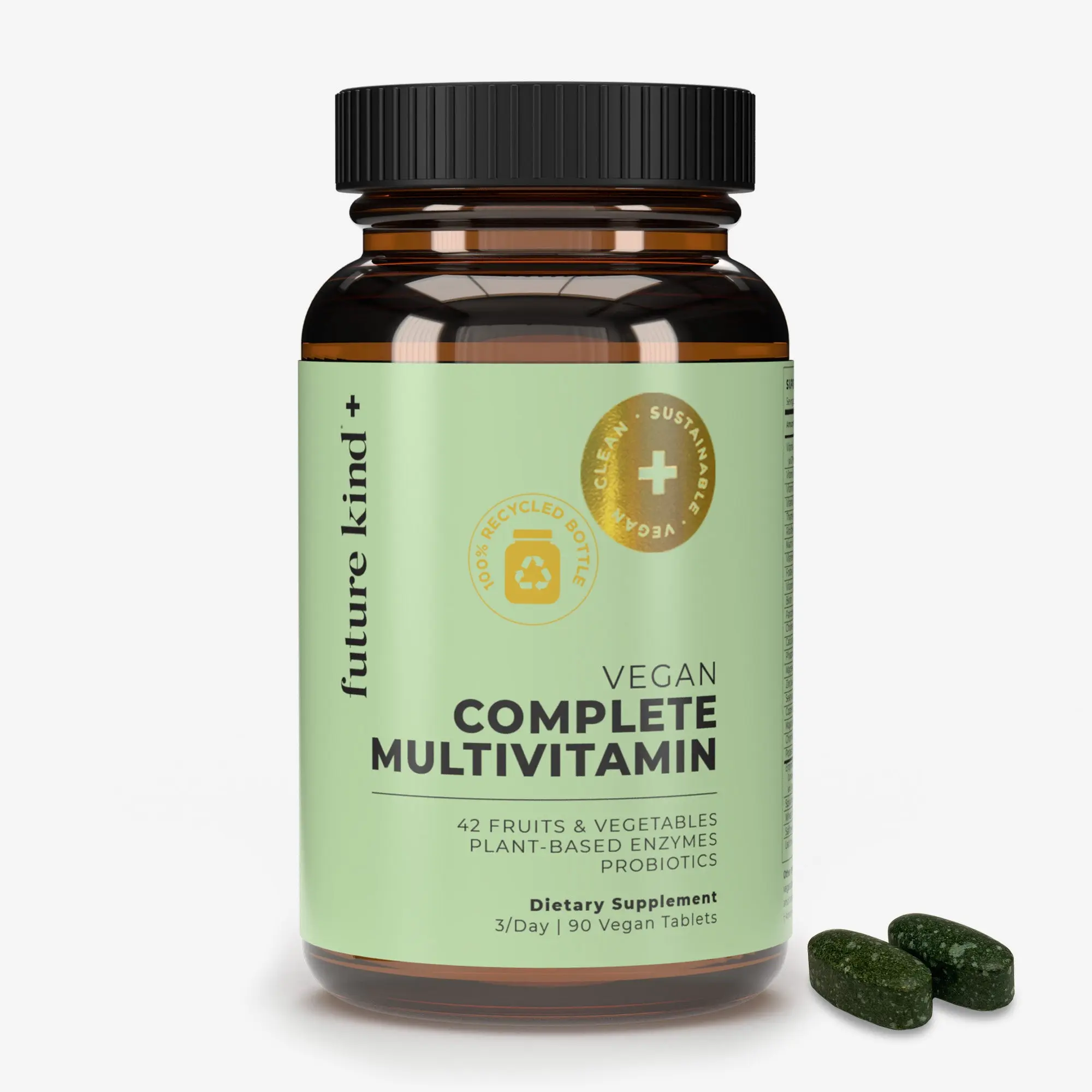 Future Kind Vegan Complete Multivitamin & Mineral Supplement - GMO-Free Mix with Fruits+Veggies, Probiotics, Enzymes for Digestive Health