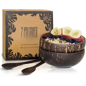 Coconut Bowl Set with Wooden Spoons -  Acai Bowls, Yogurt Bowls & Smoothie Bowl - Ideal for  &  Breakfasts (2, Polished)
