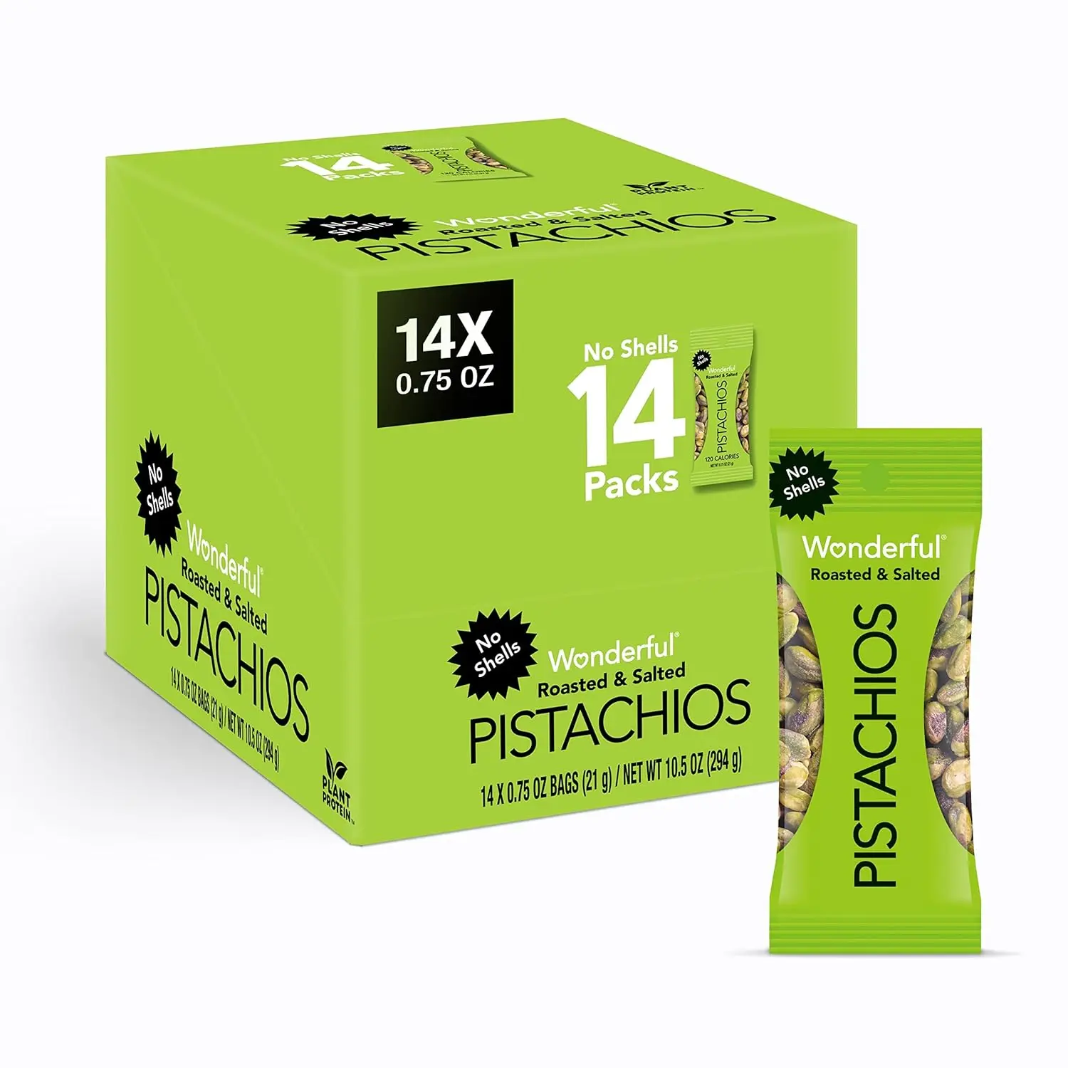 Wonderful Pistachios No Shells, Roasted & Salted Nuts, 0.75 Ounce Bag (Pack of 14), Protein Snacks, Vegan Snacks, On-the-Go, Individual Snacks for Adults