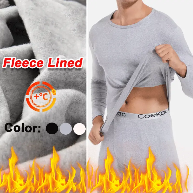 CATTIBOR 2025 Men's Thick Fleece Thermal Underwear Set - Crewneck Menswear Base Layer Top & Bottom, Plain Black Warm Sleepwear Pajamas