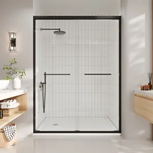 44-48 in. w x 72 in. h Semi-Frameless Double Sliding Shower Door, Clear Tempered Glass, Matte Black Frame for Walk-in Shower, Space-Saving Solution for Tight Bathrooms