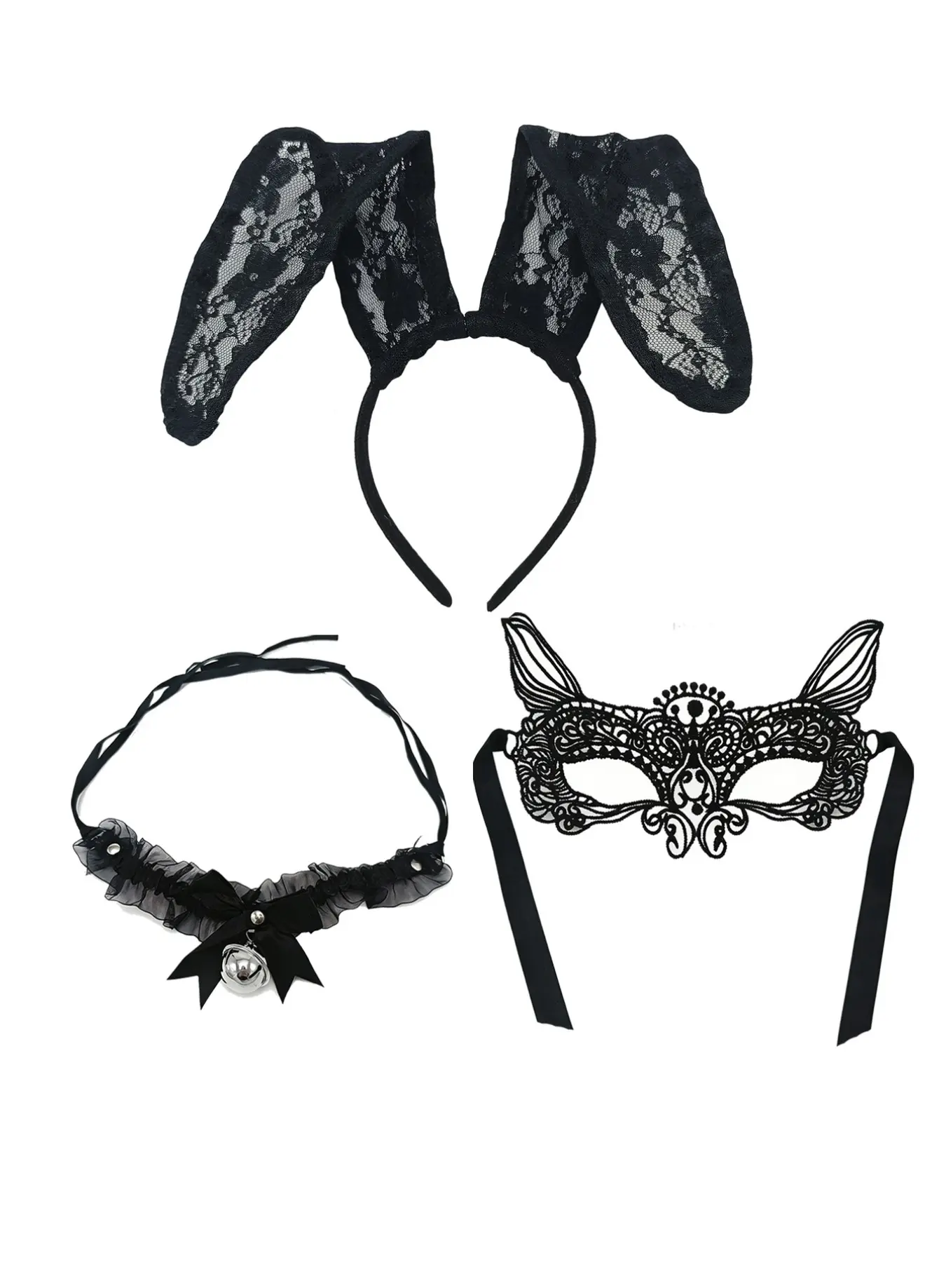 Costume Set, Foldable Lace Bunny Ears Headband, Bell Necklace, Lace Eye Mask, Bunny Mask Goth, Couples Sexy Party Accessories, Party Props, Birthday Gift