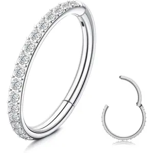 Florideco G23 Titanium CZ Nose Rings Hoop for Women - 18G, 16G, 10mm, Clicker Hinged, Segment Septum, Silver Gold Daily