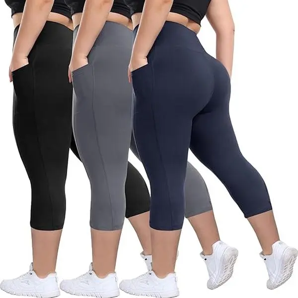Plus Size Capri Leggings for Women 3 Pack, High Waisted Tummy Control, Soft High Stretch Athleisure Pants with Pockets, High Stretch Leggings