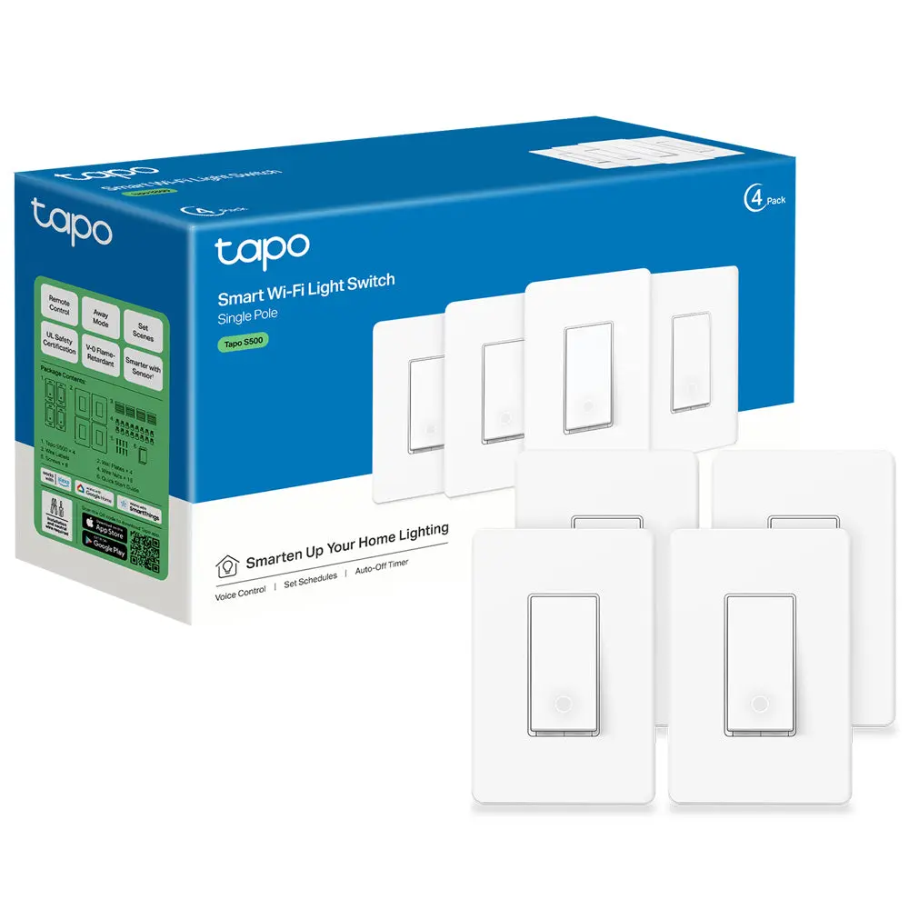 TP-Link & Tapo S500 (4-Pack)  Single-Pole Smart Light Switch | Matter-Ready* | Works with Alexa, Google & Samsung Bixby | App & Voice Control | Scheduling & Away Mode | Neutral Wire Required | UL Certified | No Hub Needed #SummerWins #DealsForYouDays