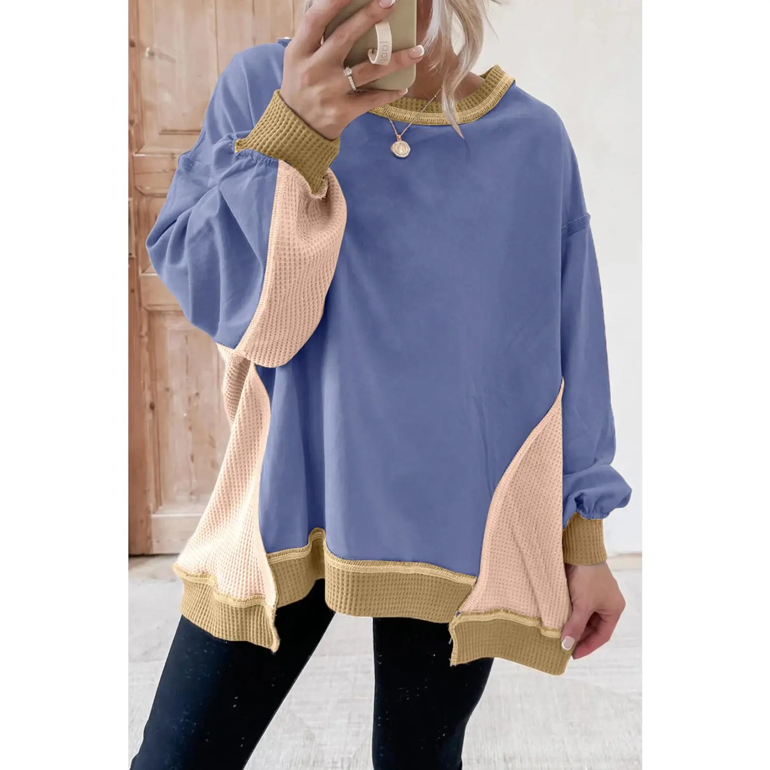 Women's Oversized Long-Sleeve Pullover Hoodie Top - Color Block, Mix Texture, Waffle, Patchwork, Baggy Loose Fit, Smooth Statement Piece, Everyday Casual Outfits Inspo, Wild Wind-Ready, Tops