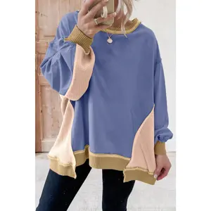 Wild Wind Color Block Mix Texture Waffle Patchwork Oversize Sweatshirt Casual Womenswear womenswear hoodie christmas gift basic sweatshirt